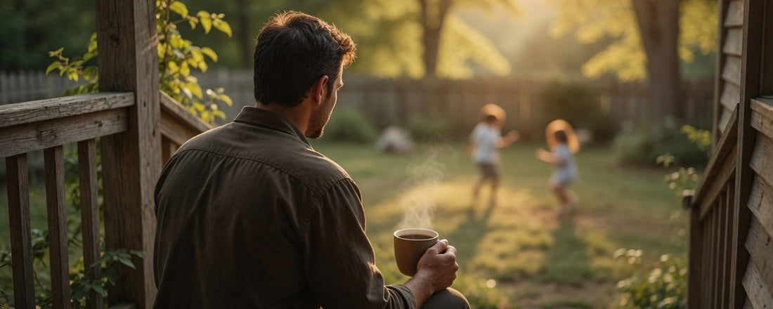 Father and child moment representing Stoic fatherhood, virtue, and the warmth of Portia's Hearth