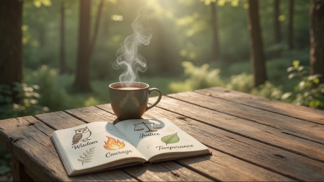 Steaming cup of coffee on an open book with a forest background