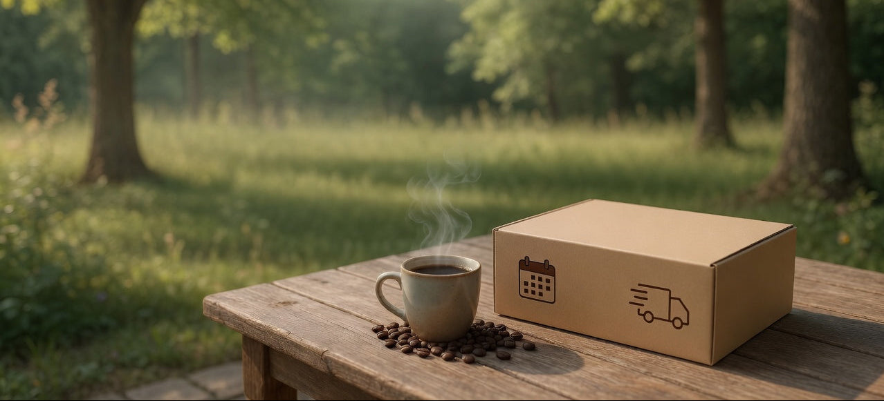 Steaming cup of coffee and cardboard box on a wooden table with a natural background